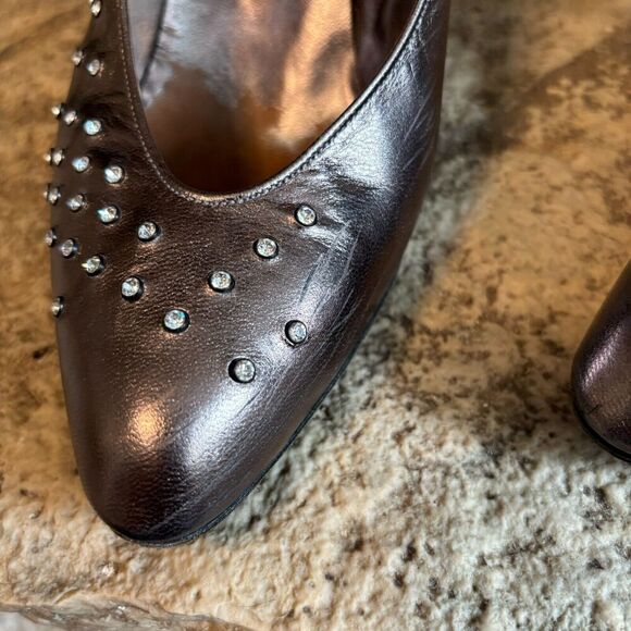 CHARLES JOURDAN Vintage Bronze Leather Rhinestones 3.5" Heels Pumps Shoes 9 - Picture 9 of 9